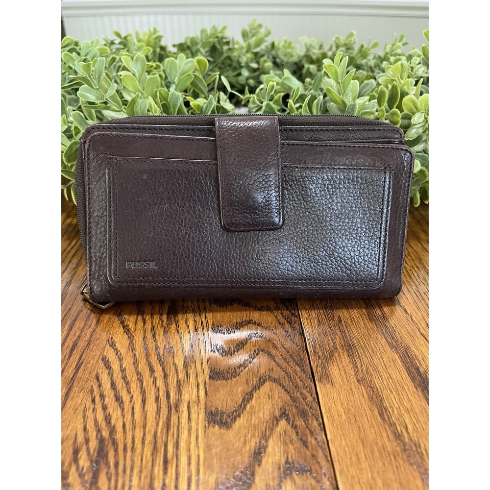 Vintage Fossil Clutch Trifold Checkbook Wallet Brown